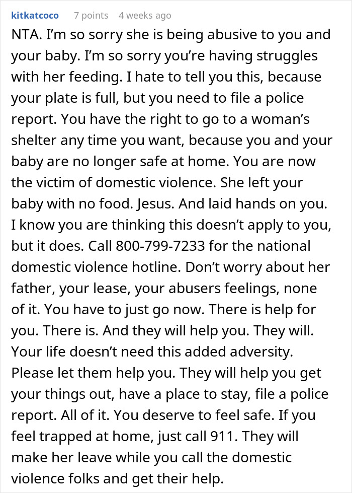 Comment on baby formula dispute, urging to seek help and leave an unsafe environment, with hotline contact provided. Comment on baby formula dispute, urging to seek help and leave an unsafe environment, with hotline contact provided.