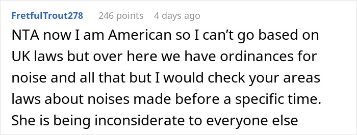 Comment discussing noise laws related to neighbor disputes over aligning chakras.
