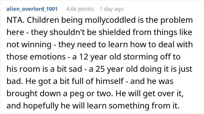 Text post discussing the issue of shielding children from losing, mentioning a 25-year-old's reaction to losing a game. Text post discussing the issue of shielding children from losing, mentioning a 25-year-old's reaction to losing a game.
