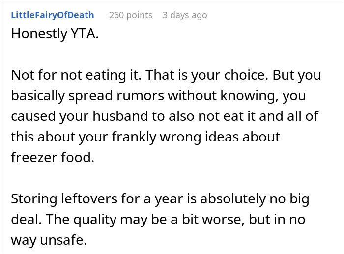Reddit comment discussing Thanksgiving leftovers and safety concerns about freezer storage.