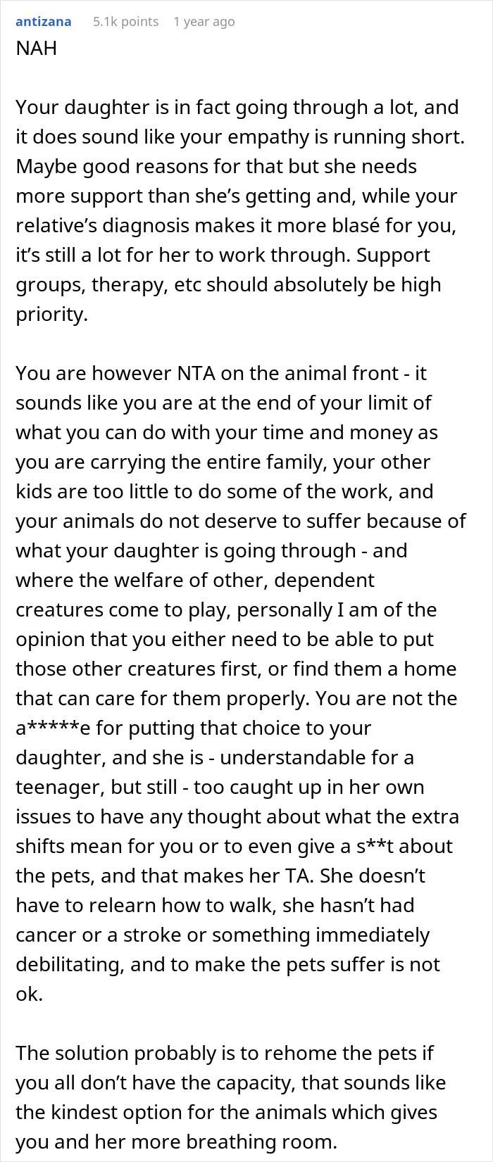 Reddit comment discussing mom's stance on daughter's chores despite her disease, causing a divided opinion online.