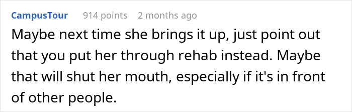 Comment discussing financial help dynamics between siblings. Comment discussing financial help dynamics between siblings.