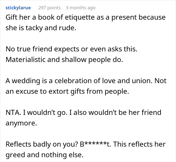 Comments criticizing wedding gift expectations, suggesting etiquette book as a gift for tacky behavior.