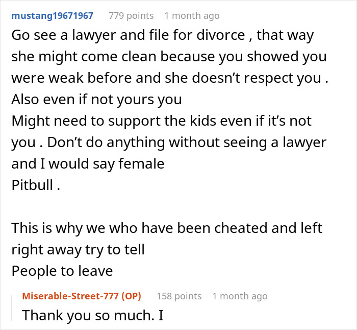 Reddit comment giving advice on dealing with a cheating wife and considering divorce. Reddit comment giving advice on dealing with a cheating wife and considering divorce.
