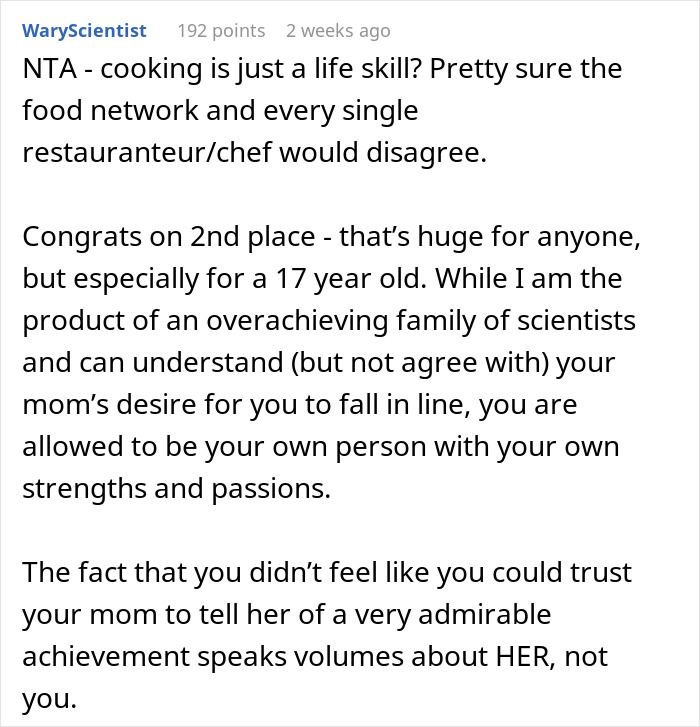 Mom Disappointed Daughter Thinks Winning Cooking Contest Is An Achievement