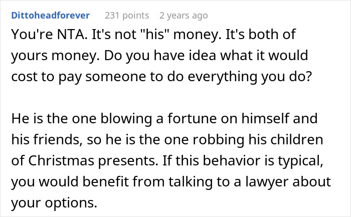 Reddit comment discussing financial fairness and planning Christmas expenses.