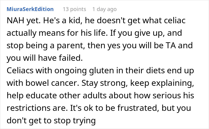 Text urging patience with child&rsquo;s wheat allergy, emphasizing ongoing gluten risks and encouraging continued parental effort.