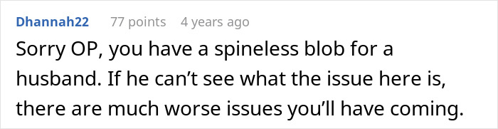 Text comment criticizing a husband's lack of support in a family issue.