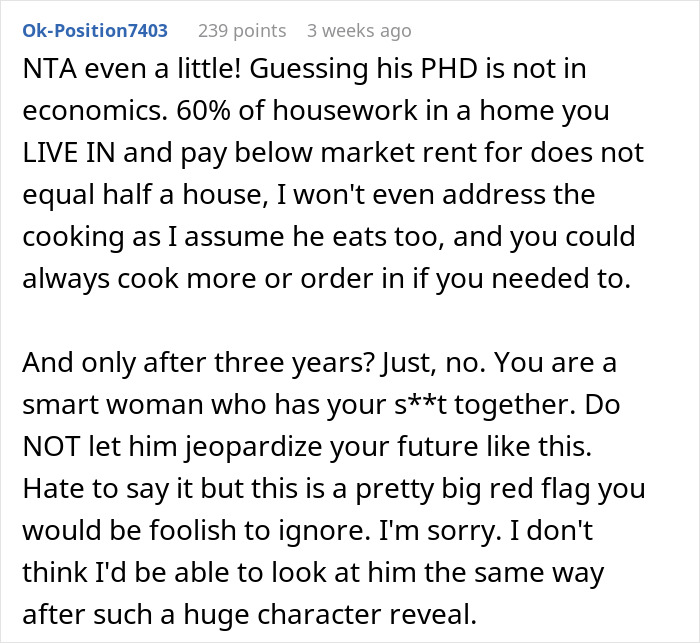 A text exchange discussing partner housework exchange fairness and relationship concerns.