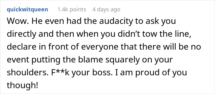 Reddit comment discussing frustration with boss about Secret Santa planning.