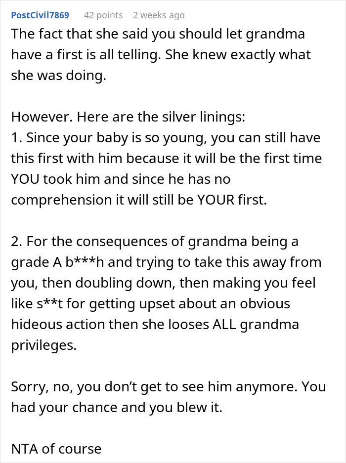 Screenshot of a Reddit comment discussing a new mom feeling upset over missing a baby's first milestone. Screenshot of a Reddit comment discussing a new mom feeling upset over missing a baby's first milestone.