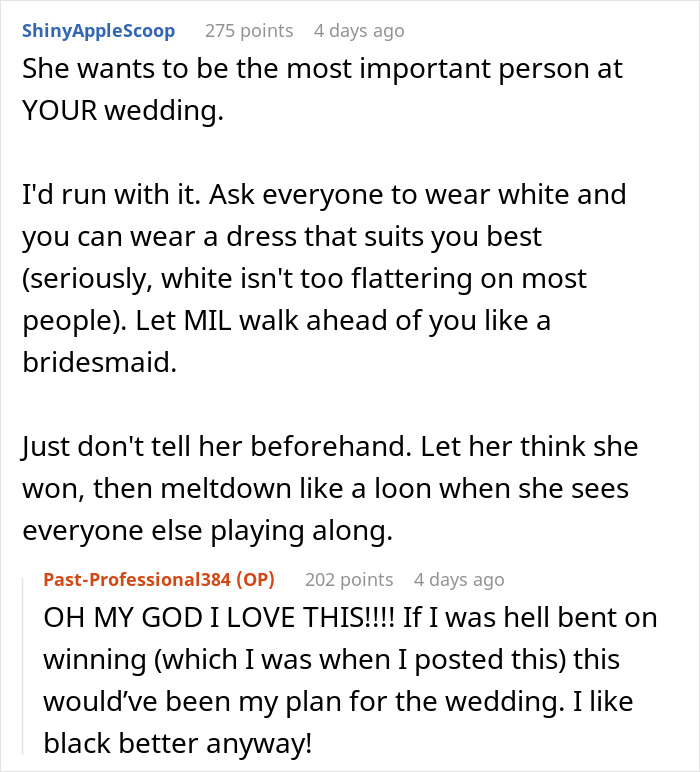 Comments discussing wedding planning and dress color choice for bride's comfort.