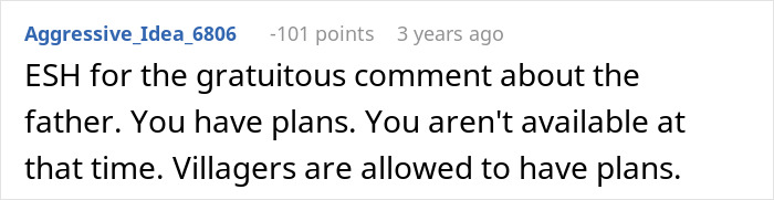 Comment on using family as free babysitters, highlights having plans.