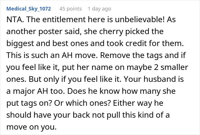 Reddit comment discussing anger over MIL putting her tags on gifts not bought by her.