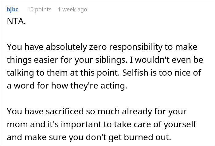 Text message expressing outrage over siblings' selfish reaction to mom's care home placement. Text message expressing outrage over siblings' selfish reaction to mom's care home placement.