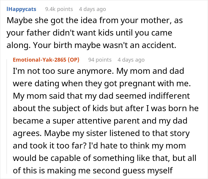 Comments discussing pregnancy deception and family secrets, hinting at a potential divorce situation.