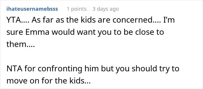 Reddit comment discussing a woman's refusal to babysit her deceased friend's children after a husband's infidelity.