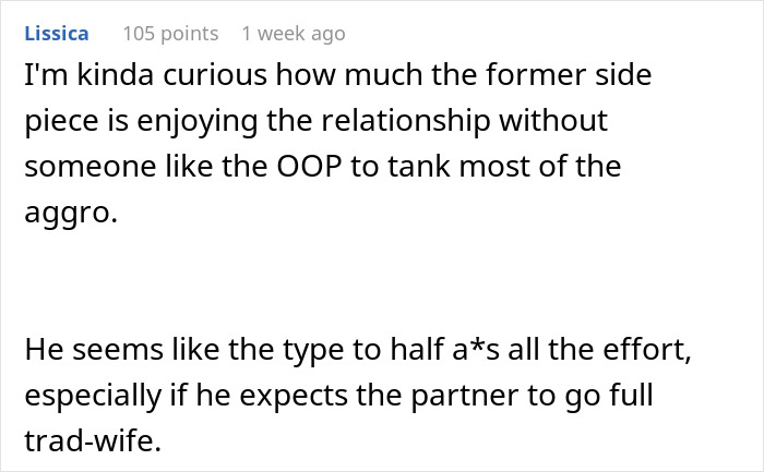 Comment discussing a partner's effort in a relationship and traditional roles.