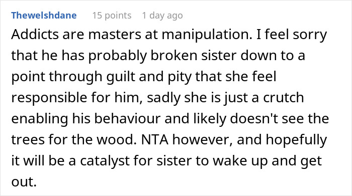 Comment discussing manipulation and enabling behavior in relationships involving an alcoholic.