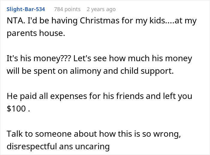 Text exchange discussing a wife's refusal to plan Christmas with $100 while her husband vacations overseas.
