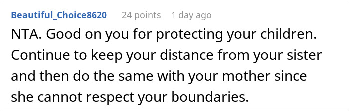 Reddit comment supporting someone declining a wedding invitation to protect family boundaries.