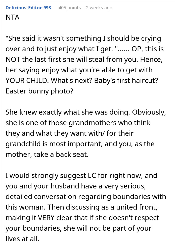 Text discussing a new mom labeled as manipulative for being upset over missing her baby's firsts, suggesting family boundaries. Text discussing a new mom labeled as manipulative for being upset over missing her baby's firsts, suggesting family boundaries.