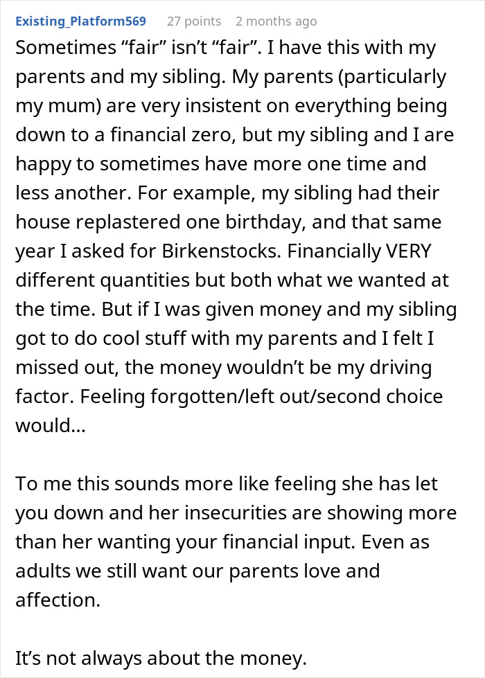 Text image about financial equality within family dynamics. Text image about financial equality within family dynamics.