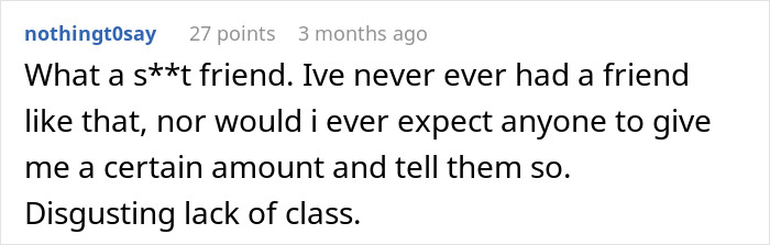 Reddit comment criticizing unreasonable gift expectations for a friend's wedding.