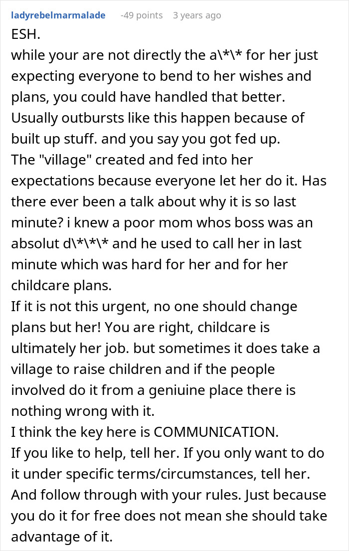 Text discussing a mom's use of family for babysitting, emphasizing the importance of communication in the village approach.