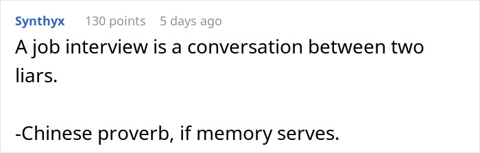 Text exchange about job interviews and lying, citing a supposed Chinese proverb.