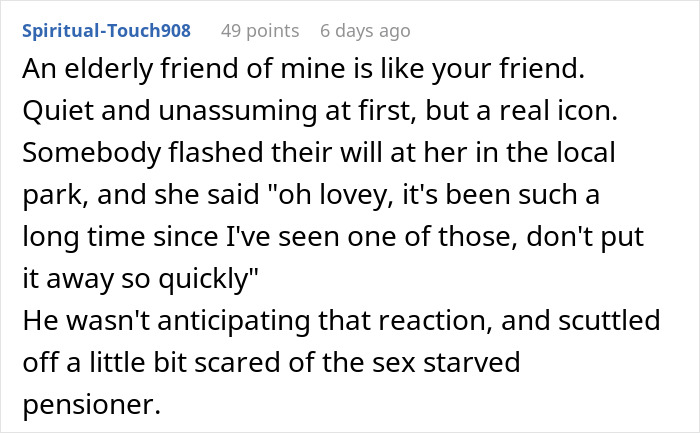 Text exchange recounting a humorous story about an elderly woman confronting inappropriate behavior.