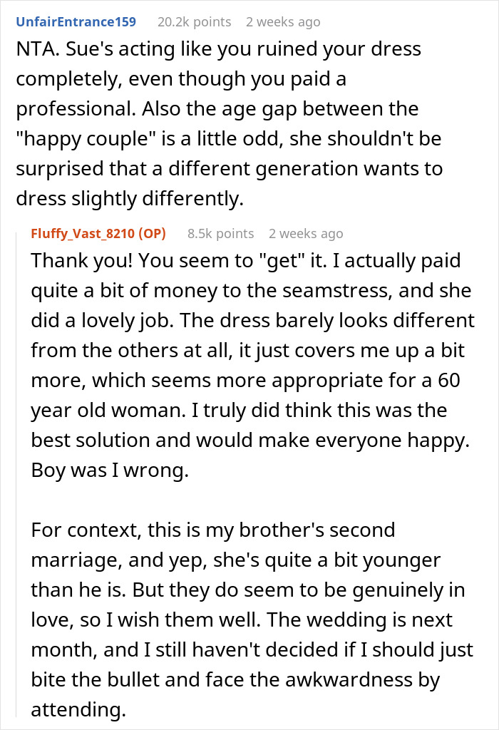 Reddit comments discussing a woman altering a bridesmaid dress and being banned from a wedding.