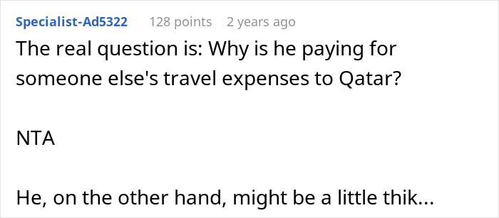 Text post discussing travel expenses and questioning financial decisions.