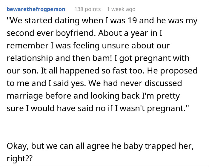 Text recounts a woman feeling trapped in marriage after unexpected pregnancy; husband reveals discomfort with gay aunt.