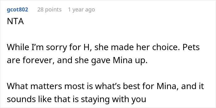 Text comment discussing a woman's cat rehoming decision and priorities for the pet's well-being. Text comment discussing a woman's cat rehoming decision and priorities for the pet's well-being.