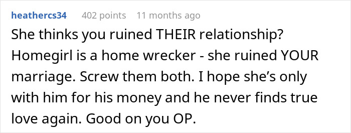Reddit comment discussing someone being blamed for ruining a marriage and calling someone a homewrecker. Reddit comment discussing someone being blamed for ruining a marriage and calling someone a homewrecker.