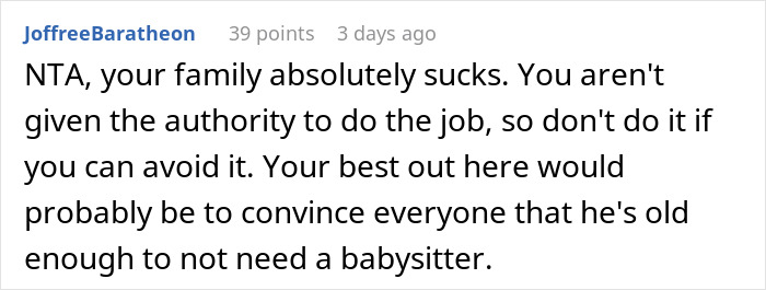 Reddit comment discussing refusal to babysit due to lack of authority, suggesting cousin doesn't need a babysitter.