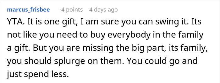 Comment about skipping family Xmas party due to White Elephant gift cost. Comment about skipping family Xmas party due to White Elephant gift cost.