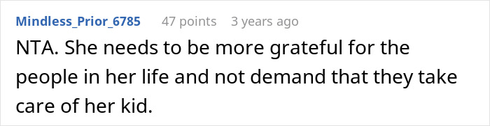 Comment criticizing a mom for treating family as free babysitters, advising gratitude instead.