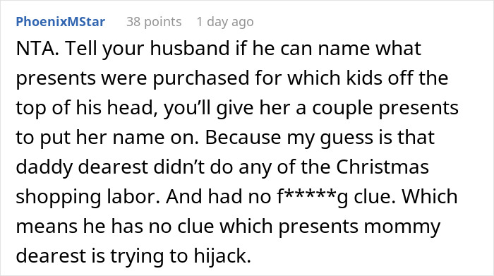 Comment discussing a woman's reaction to MIL putting tags on gifts she didn't buy.