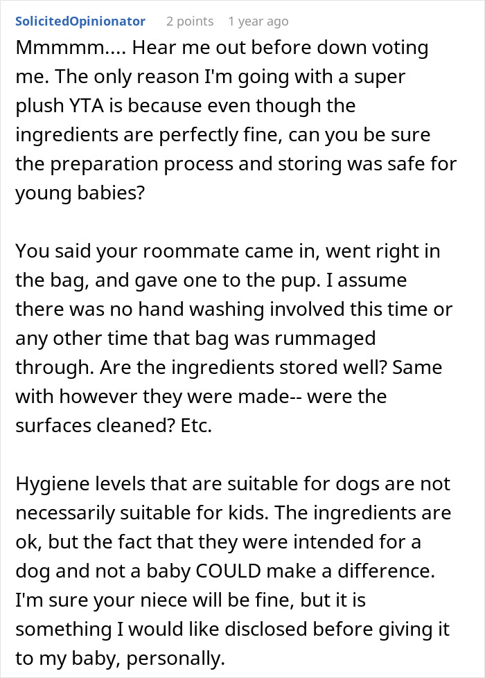 Text comment discussing potential safety concerns when giving dog treats intended for pets to children. Text comment discussing potential safety concerns when giving dog treats intended for pets to children.