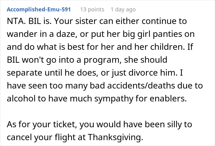 Text screenshot discussing a woman's decision to not cancel a flight due to brother-in-law's drunken behavior.