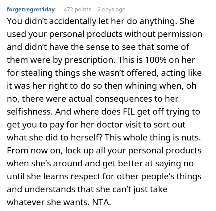 Reddit comment discussing consequences of using products without permission, mentioning a teen and chemical burns. Reddit comment discussing consequences of using products without permission, mentioning a teen and chemical burns.
