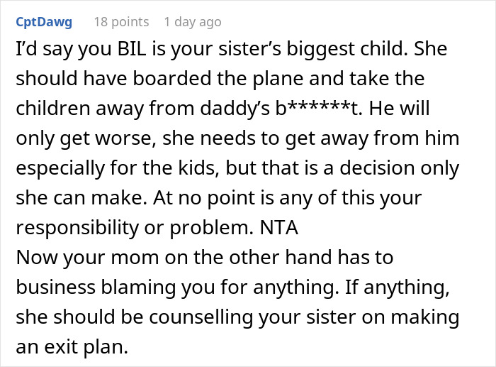 Text message about BIL's behavior, advising sister to leave him for the kids' sake; not the woman's responsibility.