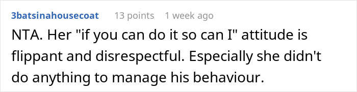 Reddit comment criticizing a bride for bringing her baby to a child-free wedding.