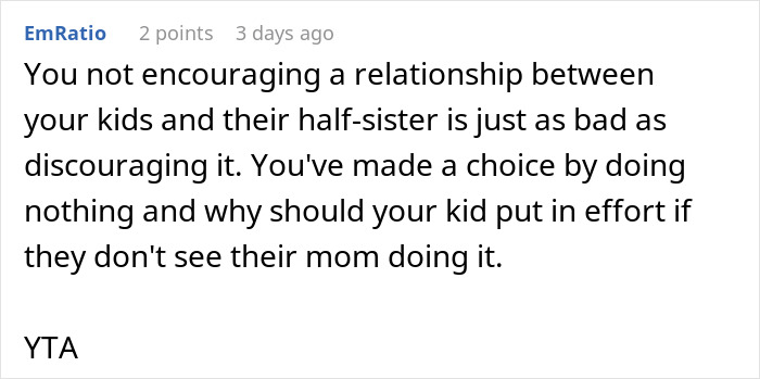 Comment discussing relationship between kids and their half-sister regarding a Christmas gift decision. Comment discussing relationship between kids and their half-sister regarding a Christmas gift decision.
