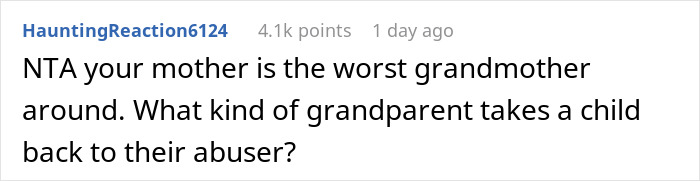 Reddit comment criticizing a grandmother, questioning her actions towards her grandchild.
