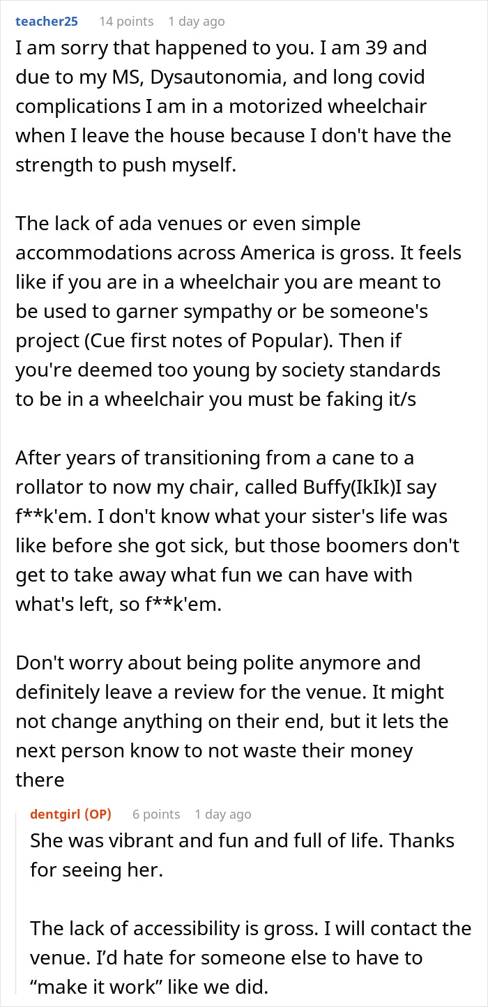 Text discusses a boomer's accusation and lack of accessibility for wheelchair users.