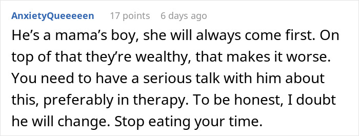 Comment discussing resentment about a partner prioritizing his mother over a gift.