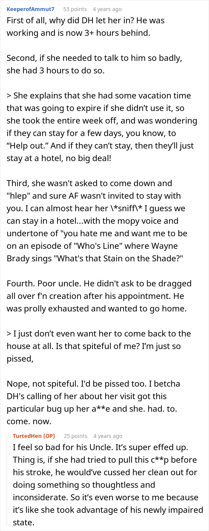 Text exchange discussing mom's frustration with MIL's unannounced visit. Text exchange discussing mom's frustration with MIL's unannounced visit.